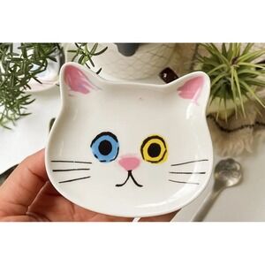 Cat Face Trinket Dish / Tea Bag Holder 9 x 8 x 1.5cms appr White New‎